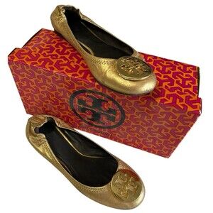 Tory Burch Distressed Leather Reva Gold Ballet Flat Slip On Shoes Womens Sz 6.5
